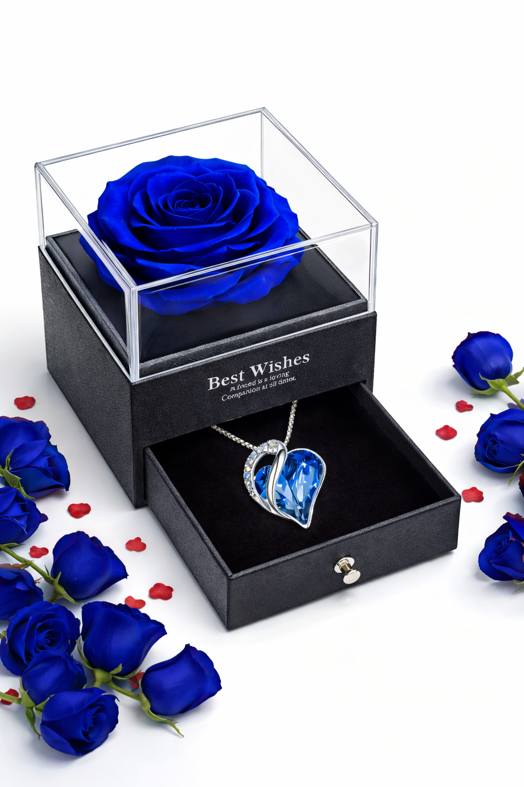 Rosa Eterna Blu con Collana a Cuore Preziosa