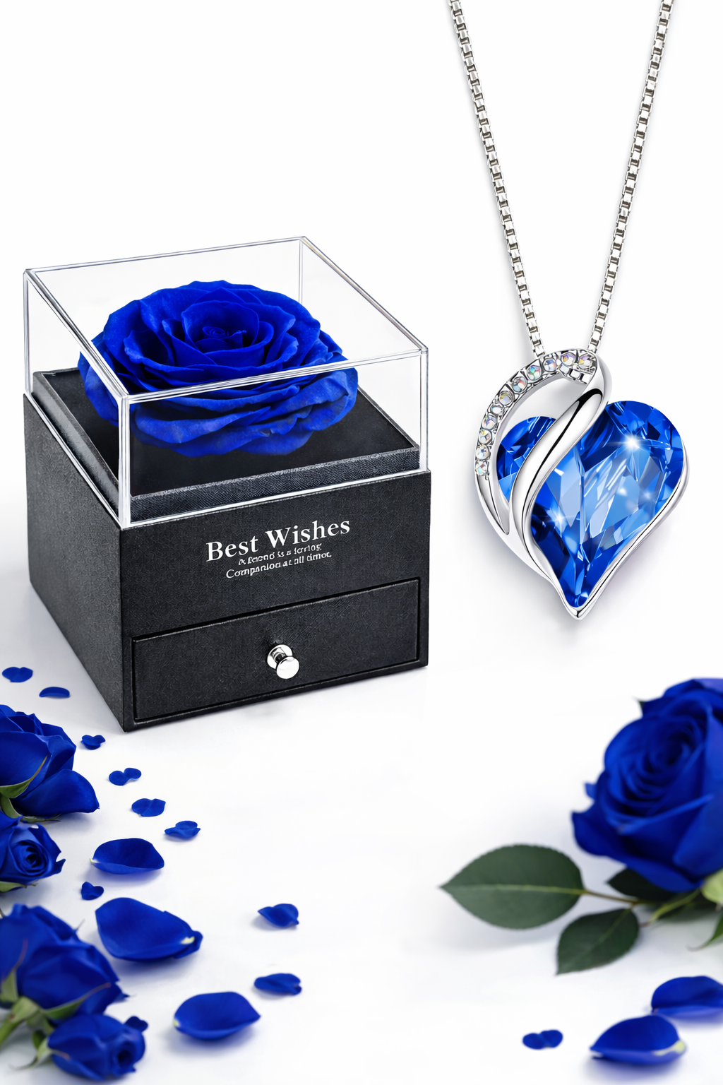Rosa Eterna Blu con Collana a Cuore Preziosa